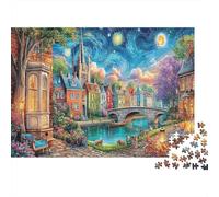 Starry Night Village 1000 Piece Fun Present: Colorful Town by River for Adults & Kids Activity for Home Gift 52x38cm/1000pcs