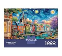 Starry Night Village 1000 Piece Premium Cardboard Moonlit Town Puzzle, Adult Educational Challenge, Stress Relief, Birthday Gift & Wall Decor for Family 38x26cm/1000pcs