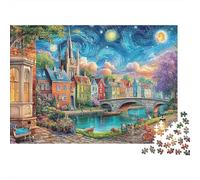 Starry Night Village1000 Piece Cardboard Town Jigsaw Puzzle Set Adults Fun Party Game Brain Training Indoor Leisure Activity Gift 38x26cm/1000pcs