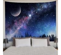 Starry Night Wall Tapestry Psychedelic Blue Starry Sky Tapestry Moon Galaxy Forest Nature Landscape Tapestry Wall Hanging for Bedroom Dorm Living Room Home Wall Decor Wall Blanket (150x200cm,59"X79")