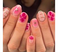 Starry Pink Bloom Press On Nails - Short Oval Shape with Pink Flower Star and Gold Line Design - 24PCS Glossy Full Cover False Nails for Women Cute Daily Nail Art Look