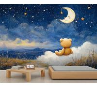 Starry Sky Bear Wallpaper Moon Clouds Girl Wallpaper Mountains Wall Paper Mural Wildflower Wall Paper for Living Room Bedroom Sofa TV Background Large Mural Poster 350X256cm