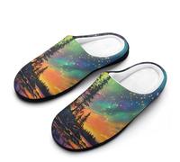 Starry Sky Colorful Aurora Trees Mens Winter Warm Slippers Rubber Sole Comfortable Cotton House Shoes For Daily Wear 13-14（46-47）