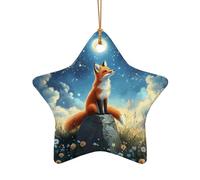 Starry Sky Fox Daisy Ceramic Christmas Tree Ornament, Double-Sided Printed Star Shape Porcelain Hanging Decoration, Elegant Holiday Keepsake for Xmas Tree Home Office Gift Exchange