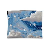 Starry Sky Makeup Bag, Blue Clouds Glitter Cosmetic Travel Pouch for Women, Portable Small Canvas Zipper Organizer, Winter Gift Toiletry Festival Bag, Blue, 7x9 Inch, Stars