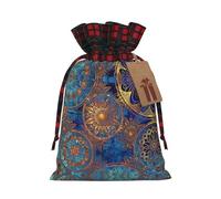 Starry Sky Mandala Printing Color Matching Plaid Christmas Bag With Drawstring,4.7x6.9 In For Christmas Halloween