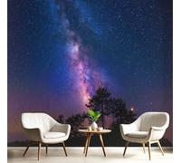 Starry Sky Milky Way Forest Wall Mural Photo Wallpaper, Landscape 3D Printed Wall Mural, Purple Blue Murals Wall Art Print for Bedroom Living Room Dining Room Home Decoration 400x280cm (WxH)