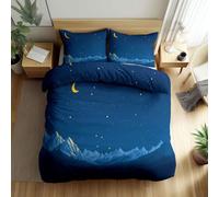 Starry Sky Moon Abstract Mountains Duvet Cover Set Double Size, Soft Brushed Microfiber Reversible Dark Blue Bedding Set with Zipper Closure & 4 Corner Ties, Non-Iron Breathable Quilt Cover
