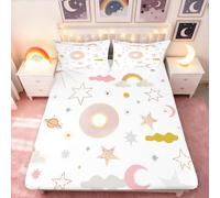 Starry Sky Moon Kids Fitted Sheet Queen Size,Glitter Rainbow Sun Stars Print Bedding Set 3Pcs Boho Style Bed Sheet for Girls Boys Teens Room Decor,Pink Gold White Deep Packet Sheet,2 Pillowcases