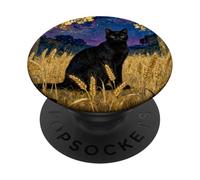 Starry Sky Moonlight And A Black Cat Among The Wheat Fields PopSockets Adhesive PopGrip