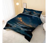 Starry Sky Ocean Coverless Duvet King Size 7.5 Tog Summer Coastal Landscape Supersoft Cosy Lightweight Quilt, Blue Black Machine Washable & Quick Drying, All in One Reversible Comforter R&139