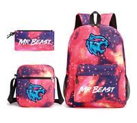 (Starry sky red 1) Mr Beast Lightning Cat 3-Piece Backpack Set Student Laptop Canvas Bag