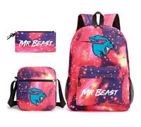 (Starry sky red 2) Mr Beast Lightning Cat 3-Piece Backpack Set Student Laptop Canvas Bag
