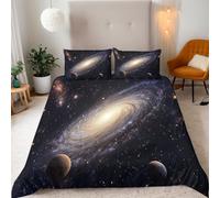 Starry Sky Single Duvet Cover Set, Space Universe Planets Duvet Cover 155x220cm Bedding Set 3 Piece Soft Microfiber Quilt Covers Sets with Zipper Closure with 2 Pillowcase