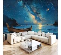 Starry Sky Small Boat 3D Photo Wallpaper Non-Woven Wall Mural Ocean Scenery Wall Mural Decoration Poste Premium Wallpaper Wall Art for Living Room Bedroom W366xH254 10yf151