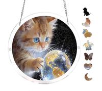 Starry Space Kitten Holding Crystal Globe Round Acrylic Jigsaw Puzzle 7.8x7.8Inch for Home Decor Wall Art Ornament, Creative Hobby Gift