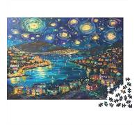 Starry Town 1000 Pieces Jigsaw Puzzles for Adults & Children, Recycled Cardboard, Non-Reflective, Starry Coastal Town, Stress Relief Fun, Great Gift Idea for Home Decor 52x38cm/1000pcs