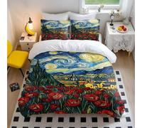 Starry Wheatfield Dreams Duvet Cover Set - Art Print Bedding Soft Microfiber Bedding with Church Steeple & Red Poppy Flowers (style5,King240x220cm+50x75cm*2)