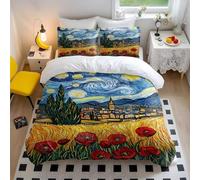 Starry Wheatfield Dreams Duvet Cover Set - Art Print Bedding Soft Microfiber Bedding with Church Steeple & Red Poppy Flowers (style2,Single135x200cm+65x65cm*2)