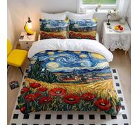 Starry Wheatfield Dreams Duvet Cover Set - Art Print Bedding Soft Microfiber Bedding with Church Steeple & Red Poppy Flowers (style3,Single135x200cm+65x65cm*2)
