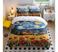 Starry Wheatfield Dreams Duvet Cover Set - Art Print Bedding Soft Microfiber Bedding with Church Steeple & Red Poppy Flowers (style1,Double200x200cm+65x65cm*2)