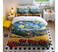 Starry Wheatfield Dreams Duvet Cover Set - Art Print Bedding Soft Microfiber Bedding with Church Steeple & Red Poppy Flowers (style4,Double200x200cm+50x75cm*2)