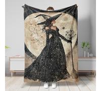 Starry Witch Throw Blanket, Black Celestial Design Cozy Blanket, Soft Warm Fleece for All Seasons, Halloween Decor, Camping, Travel, Sofa Use 50x60 Inch