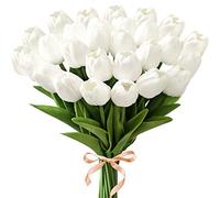 Starryle 20Pcs White Tulips Real Touch Artificial Tulips Fake Flowers for Spring Decoration Faux Flowers for Home Kitchen Office Wedding Bouquet Vase Flower Arrangement Decor