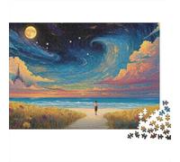 StarryNightBeachScene 1000 Piece Jigsaw Puzzle Person Walking Beach Twilight for Adults Educational Game Home Decoration Difficult Challenging Birthday Gifts 52x38cm/1000pcs