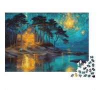 StarryNightHouse 1000 Piece Jigsaw Puzzles Trees Under Teal Night Sky Adults Aged 12 And Above Educational Games Home Decoration Challenge High Difficulty Birthday Gifts 38x26cm/1000pcs