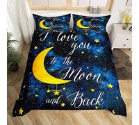 Stars and Moon Comforter Cover Double Size, Watercolor Navy Blue Galaxy Space Nebula Universe Duvet Cover Set with 2 Pillowcases, I Love You in the Moon and Back Microfiber Bedding Set, Ultra Soft
