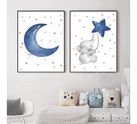 Stars and Moon Nursery Pictures Elephant Nursery Canvas Cartoon Animal Poster Star Nursery Pictures Cute Moon Art Blue Star Poster Nursery Elephant Painting Blue Balloon Wall Art 12x16inchx2 No Frame