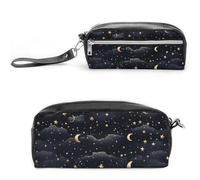 Stars And Moon on Dark Background Pencil Case - Large Capacity Pencil Pouch with Double Compartments PU Leather Zippered Organizer Bag for Office & Travel | Water-Resistant Cosmetic Makeup Bag