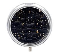 Stars and Moon on Dark Background Pill Box - 3 Compartment, Round Metal Pill Case with Mirror, Portable Medicine Holder for Purse/Wallet/Travel