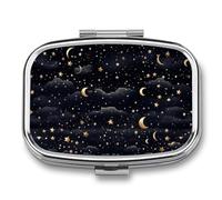 Stars and Moon on Dark Background Pill Box Elegant Metal Pill Case with 2 Compartments, Slim Portable Medicine Organizer for Purse, Pocket, Travel