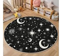 Stars And Moon Rugs Round 120 Cm Living Room Non-Slip Area Rug Shaggy Machine Washable Floor Carpet Short Pile Celestial Elements Circle Rug Black For Living Rooms, Bedrooms, Children'S Rooms