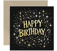 Stars and Sparkle Black and Gold Happy Birthday Card for Him - Premium Bday Cards - Square with Envelope - For Men Women Dad Mum Son Daughter Brother Sister Husband Fiancé Boyfriend