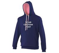 Stars and Stripes Custom Text Printed Contrast Varsity Adults Pullover Hoodie 280gsm Personalised Unisex Hooded Sweatshirt(M, Oxford Navy/Candyfloss Pink)