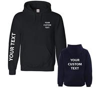 Stars and Stripes CUSTOM TEXT printed on personalised pullover hoodie, make your own hooded sweatshirt Black LARGE - Front left breast, Sleeve, BACK custom TEXT print