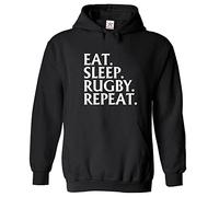 Stars and Stripes Eat Sleep Rugby Repeat Unisex Kids Pullover Hooded Sweatshirt for Rugby Game Lovers & Players (XS, Black, 12_13 Years)