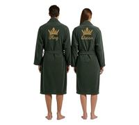 Stars and Stripes King & Queen 2-Piece Bathrobe Set - Embroidered Crown Design on Back - 100% Cotton Terry Couples Matching Robes - Wedding Honeymoon Anniversary Dressing Gown (Green, S-M)