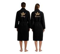 Stars and Stripes King & Queen 2-Piece Bathrobe Set - Embroidered Crown Design on Back - 100% Cotton Terry Couples Matching Robes - Wedding Honeymoon Anniversary Dressing Gown (Black, S-M)