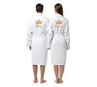 Stars and Stripes King & Queen 2-Piece Bathrobe Set - Embroidered Crown Design on Back - 100% Cotton Terry Couples Matching Robes - Wedding Honeymoon Anniversary Dressing Gown (White, L-XL)