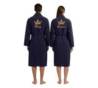 Stars and Stripes King & Queen 2-Piece Bathrobe Set - Embroidered Crown Design on Back - 100% Cotton Terry Couples Matching Robes - Wedding Honeymoon Anniversary Dressing Gown (Navy, L-XL)