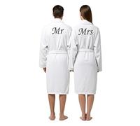 Stars and Stripes Mr & Mrs 2-Piece Set Couples Bathrobes - Embroidered on Back 100% Cotton Terry Robes - His & Hers Anniversary Honeymoon Wedding Dressing Gown (White, S-M)