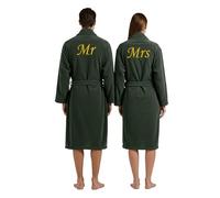 Stars and Stripes Mr & Mrs 2-Piece Set Couples Bathrobes - Embroidered on Back 100% Cotton Terry Robes - His & Hers Anniversary Honeymoon Wedding Dressing Gown (Green, L-XL)