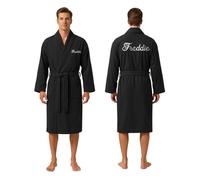 Stars and Stripes Personalized Back Front Name Text Bathrobe - Customised Embroidered Design Robe - 100% Terry Egyptian Cotton Spa Hotel Quality Unisex Dressing Gown (Black, S-M)