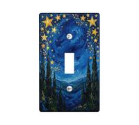 Stars Bathroom Single Light Switch Cover Plate, Impressionism Artistic Swirls Cypress Night Blue Plastic Standard Size Switch Plate Decorative for New Apartment Home Bedroom Office Decor (Single)