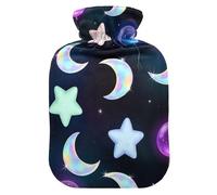 Stars Moon Black Hot Water Bottle with Soft Velvet Cover Hot Water Bag for Foot Bed Warmer Pain Relief Small