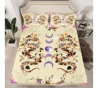 Stars Moon Fitted Sheet Queen Size,Gothic Exotic Snake Moth Animal Mattress Cover with 2 Pillowcases,Purple Flowers Floral Plant Beige Breathable Bed Sheet for Teens Adult,No Flat Sheet